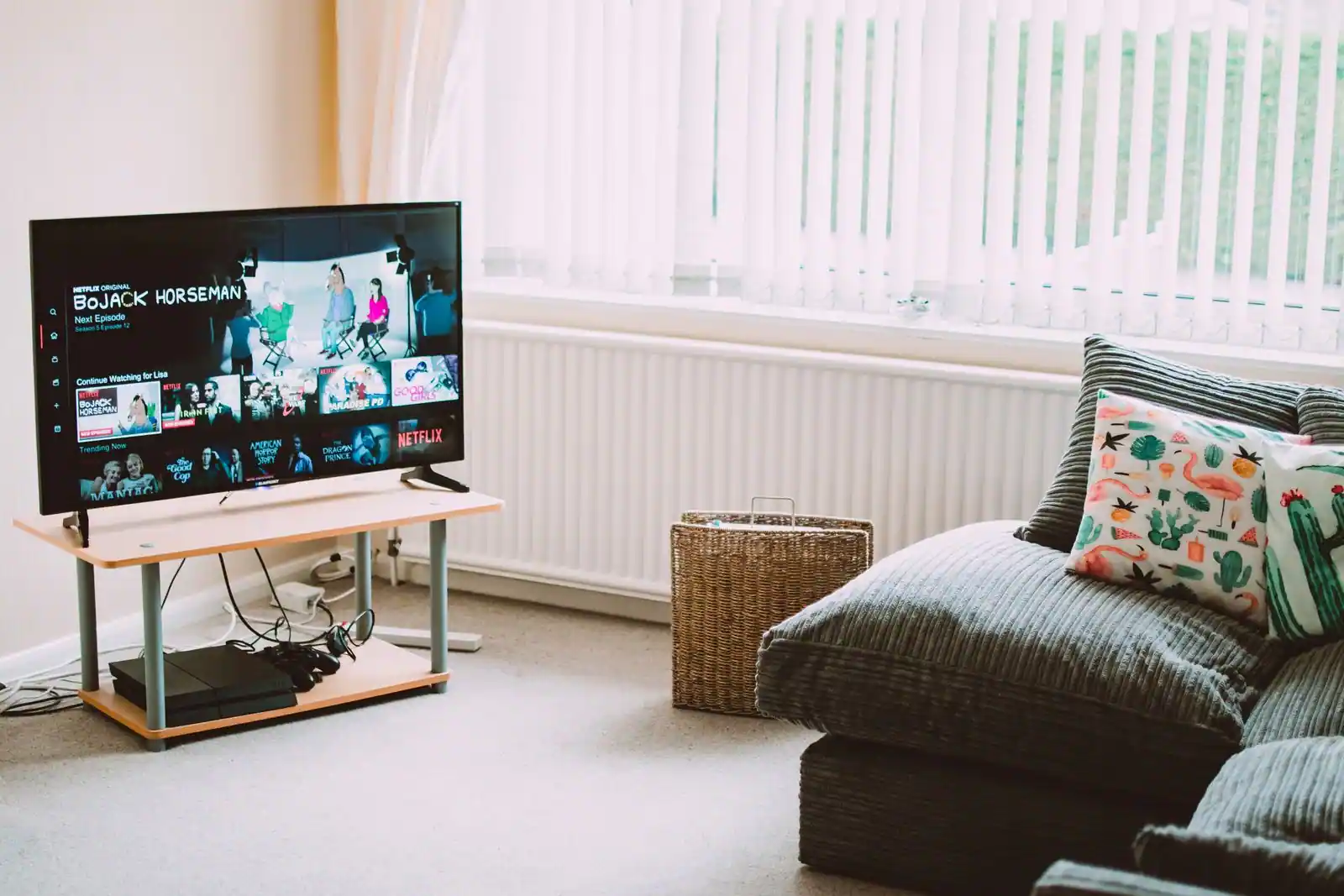 Téléviseur à écran plat affichant l'interface d'une plateforme de streaming dans un salon