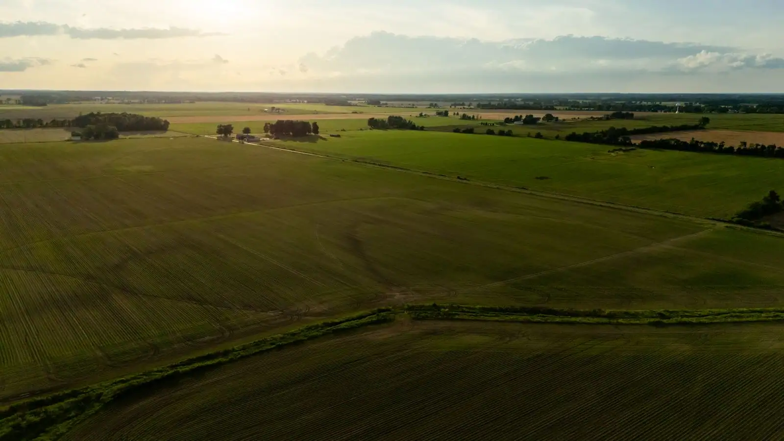 Vaste étendue de champs agricoles cultivés vue du ciel, évoquant le monde agricole et rural.