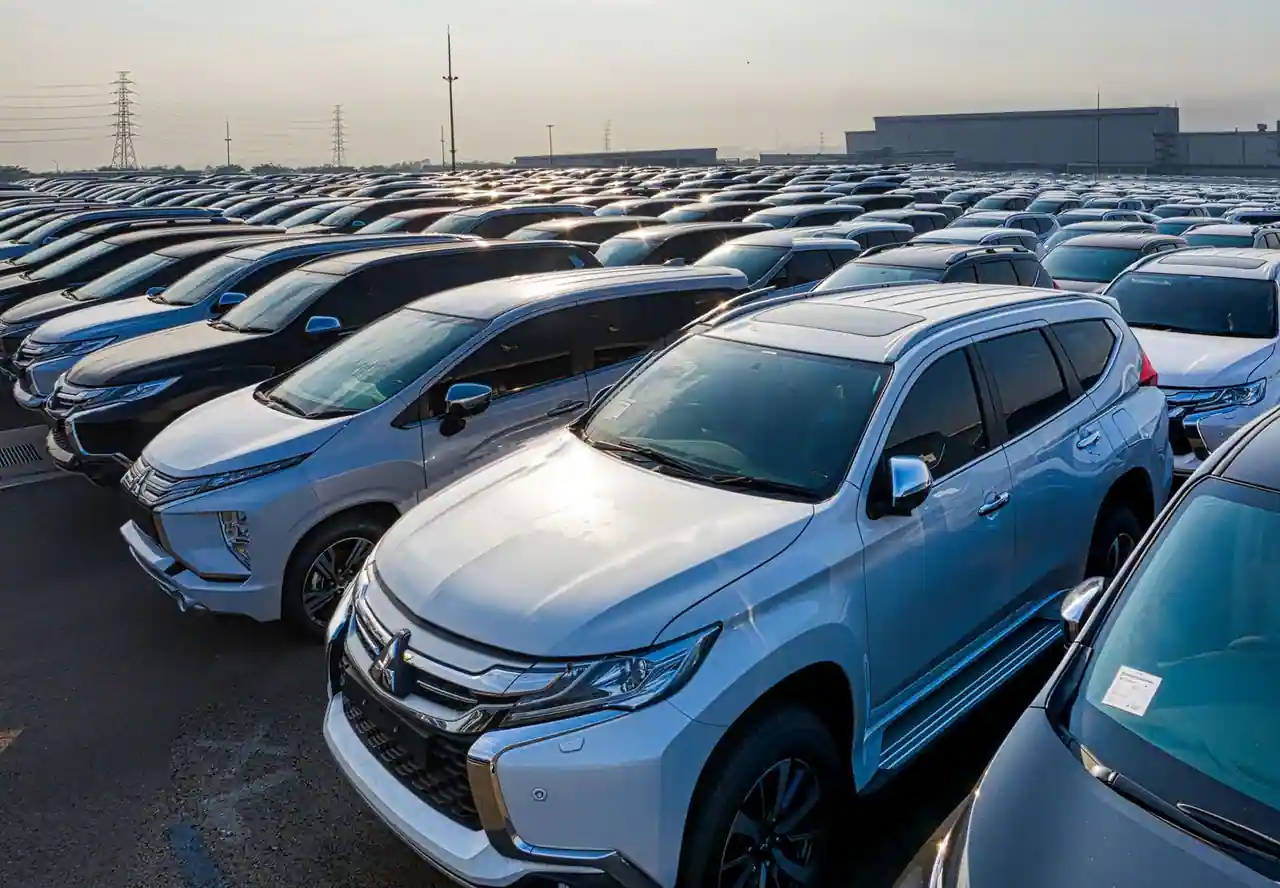 Rangées de voitures neuves alignées à l'extérieur d'un site de production automobile