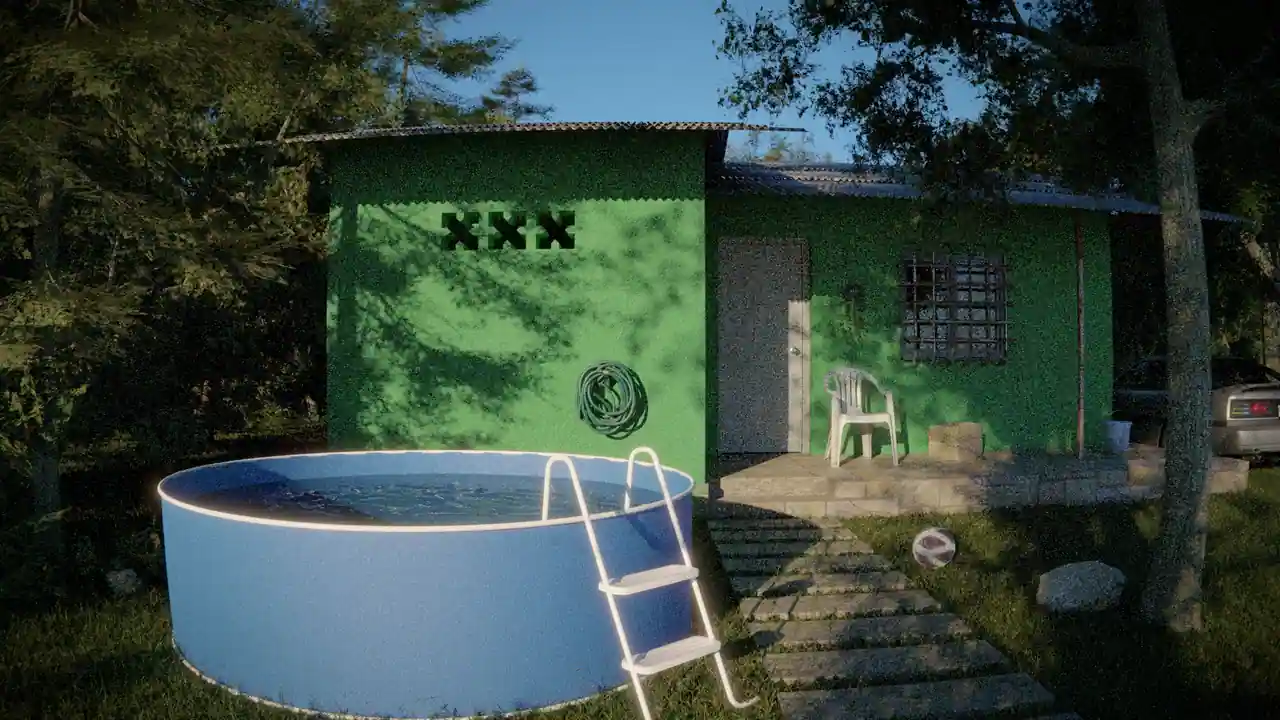 Piscine ronde hors sol avec échelle installée dans un jardin devant une maison
