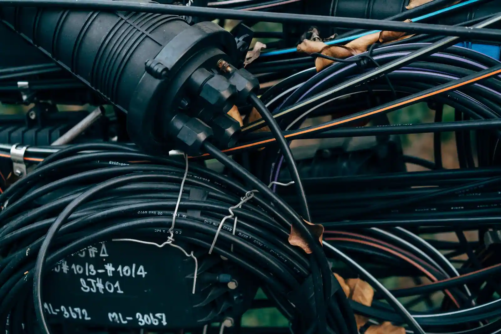 Câbles télécom lovés en couronne autour d'un manchon de raccordement étanche, avec étiquettes de repérage