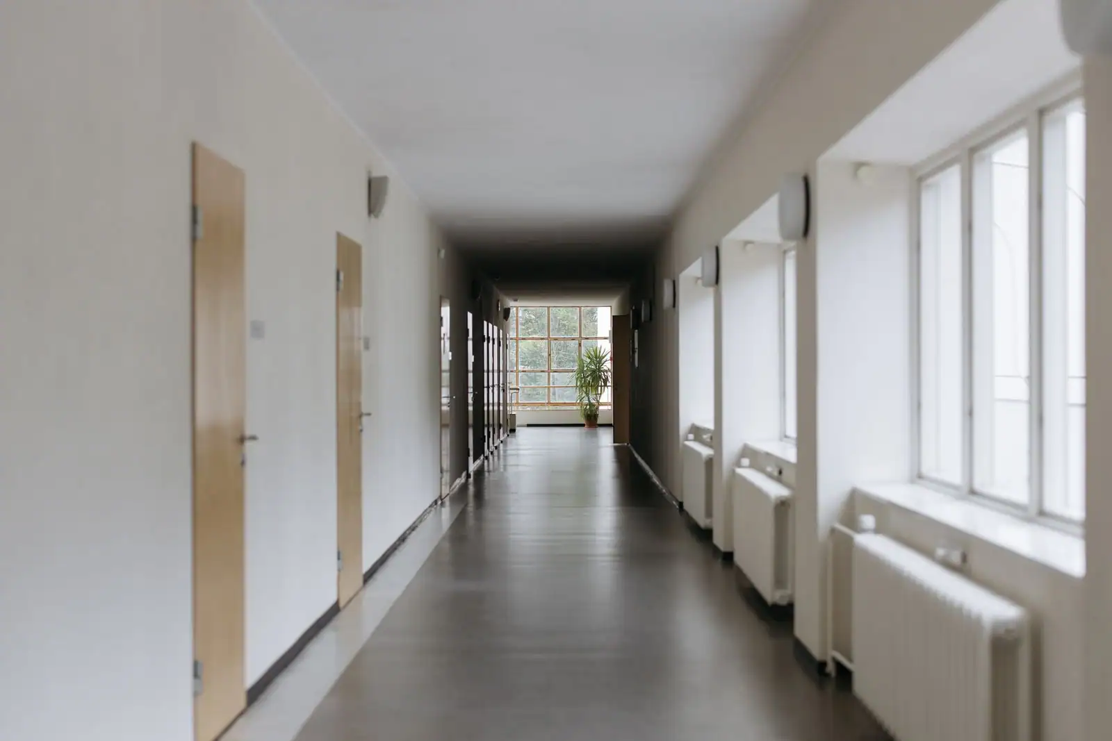 Couloir désert d’un bâtiment institutionnel, portes en bois clair et radiateurs sous les fenêtres