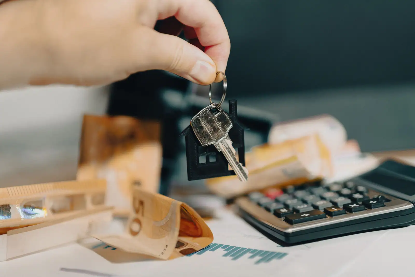 Une main tient un porte-clés en forme de maison au-dessus de billets en euros et d'une calculatrice